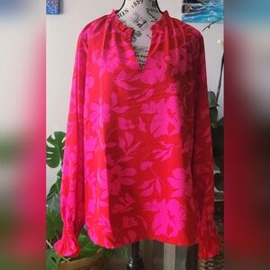 V-Neck Floral Blouse in Bright Red and Hot Pink